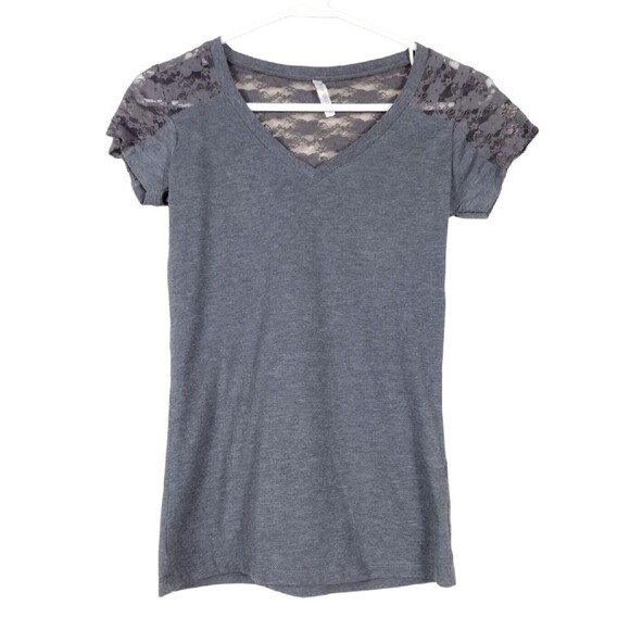 Splash Girls Size Medium Juniors Shirt Gray Stretch Lace Short Sleeve V Neck - Picture 1 of 6